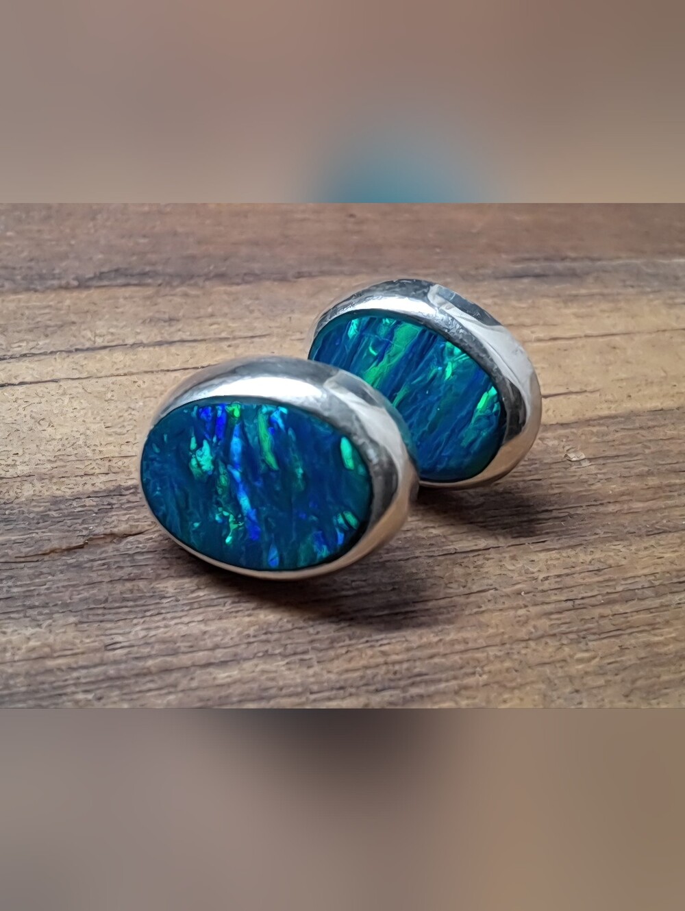 Vintage Sterling Silver Oval Blue Opal Inlay Stud Earrings - Picture 7 of 8